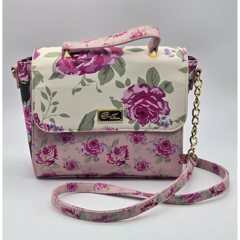 Betsey Johnson Luv Floral Satchel Crossbody Bag Pink Roses Gold Chain Handle